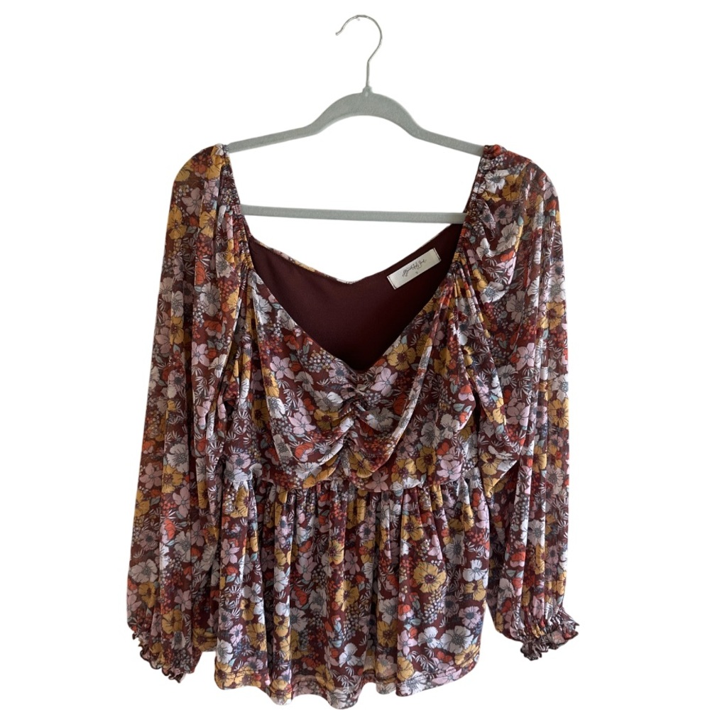 Floral Peasant Blouse XXL Cottage Top Long Sleeve smocked Cuffs Boho Cottagecore